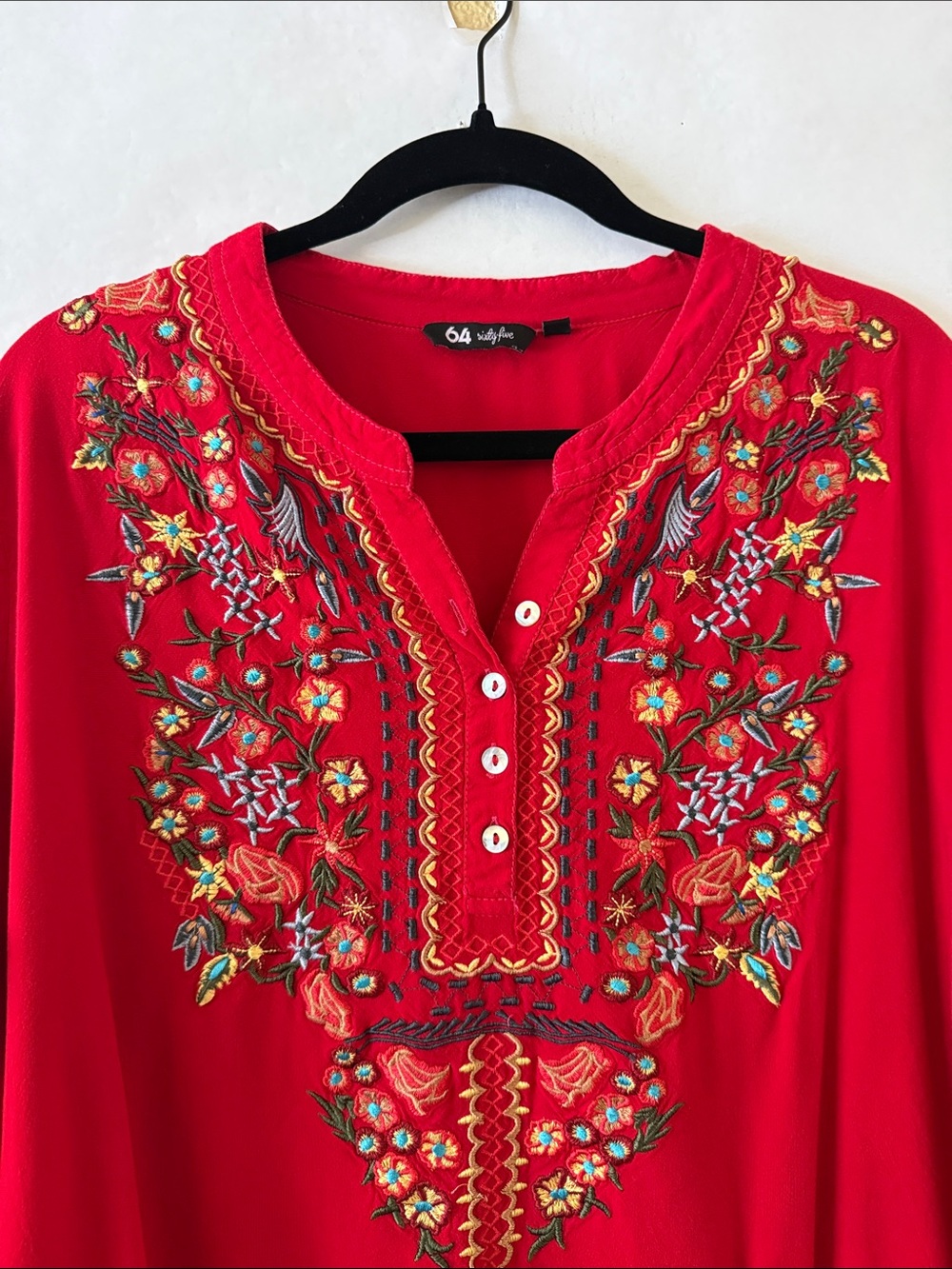 64 Sixty Five Embroidered Tunic Size XXL Red Multicolor Floral Boho Long Sleeve - Picture 4 of 13